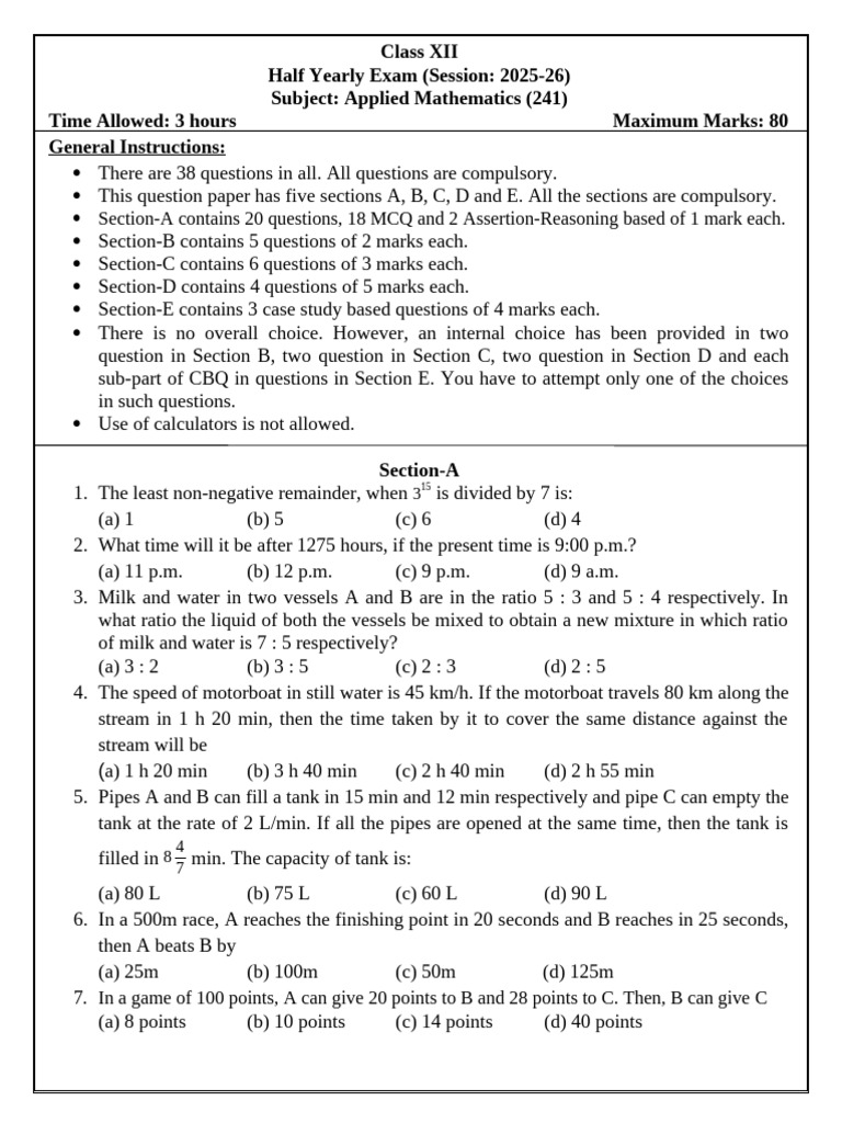 Class 12 Applied Maths Half Yearly 2025 | PDF | Chess | Chess Theory