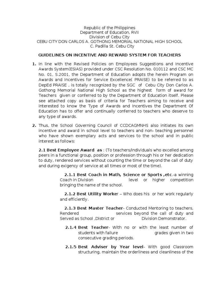 Guidelines on Establishing an Incentive and Reward System for Teachers at the Cebu City Don