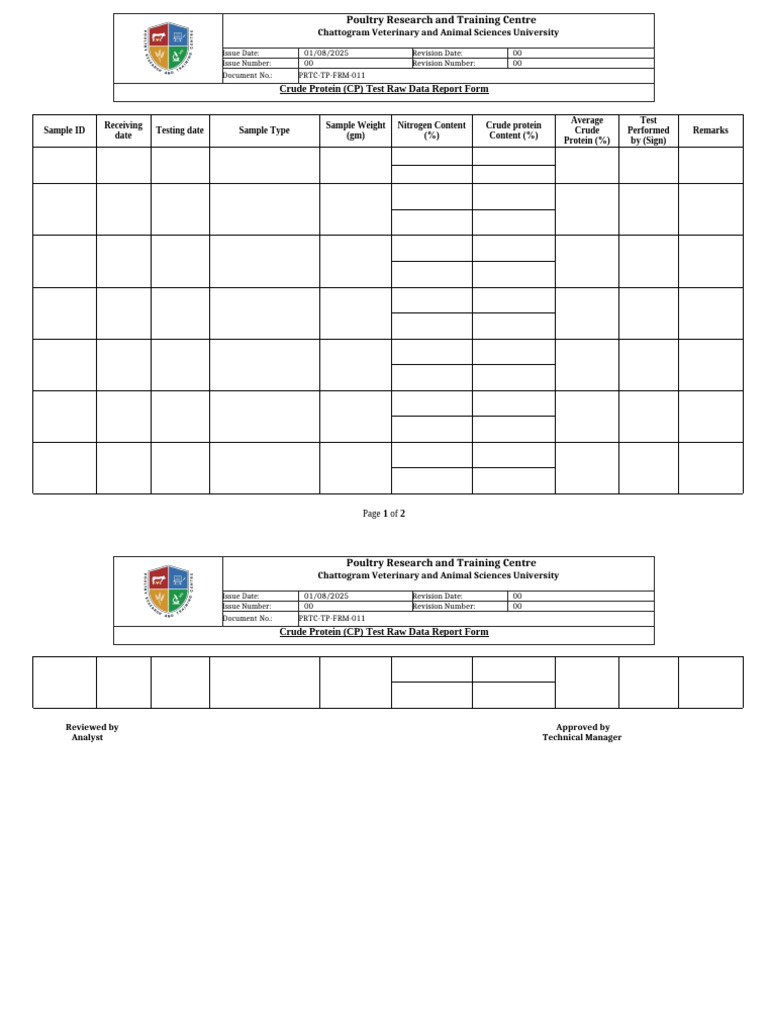 PRTC-TP-FRM-011 Crude Protein Content (Kjeldahl Method) Raw Data Report ...
