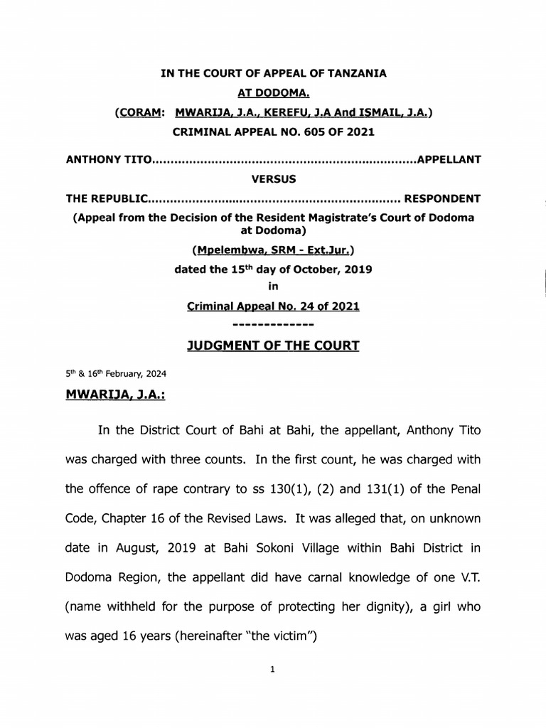 Tanzania Court Ruling on Rape Appeal | PDF | Acquittal | Burden Of ...