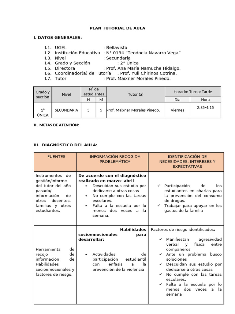 Plan de Tutoría para Secundaria 0194 | PDF | Salón de clases ...