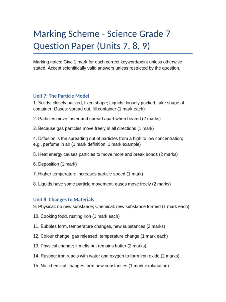 Science Grade 7 Marking Scheme | PDF