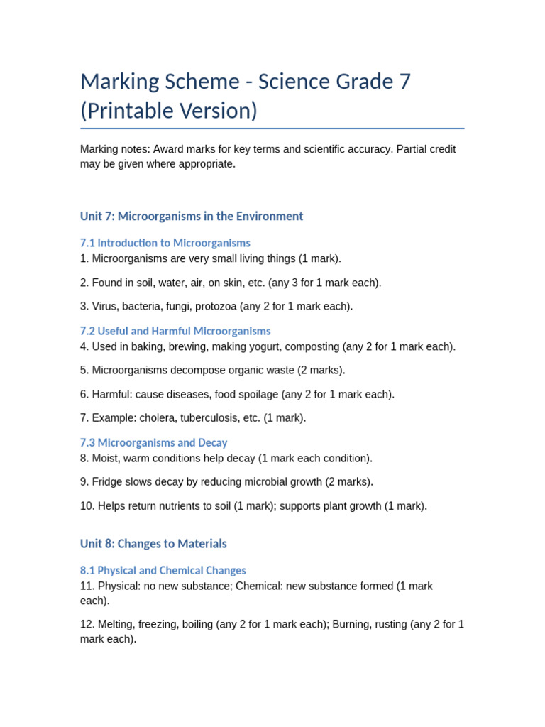 Grade 7 Science Marking Scheme Guide | PDF