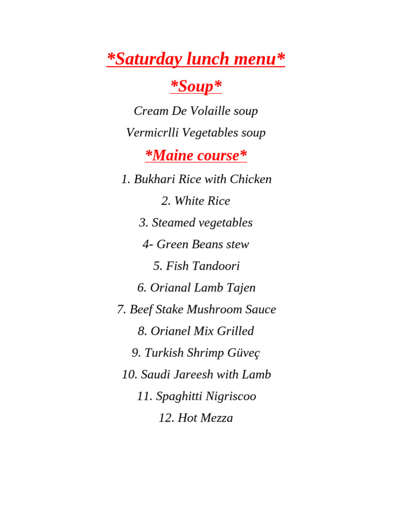 Saturday Lunch Menu Highlights | PDF