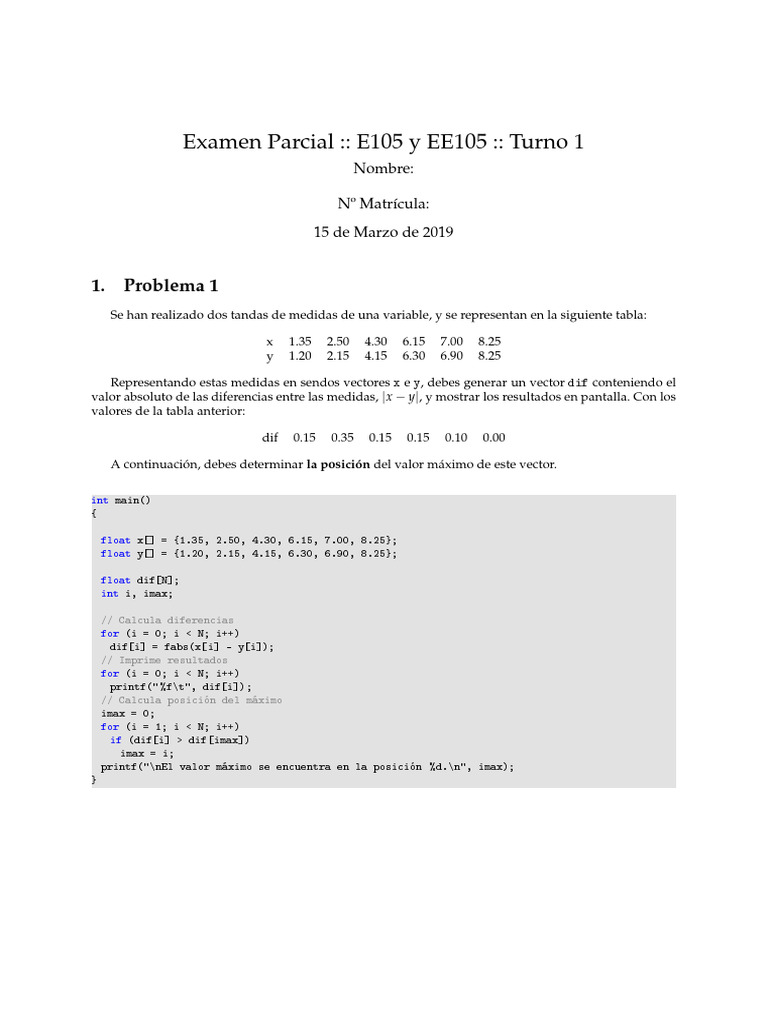 Examen 1P E105 1 2019 | PDF | Programación de computadoras