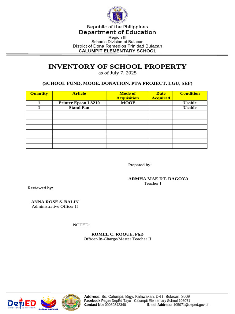 Calumpit Elementary School Inventory 2025 | PDF