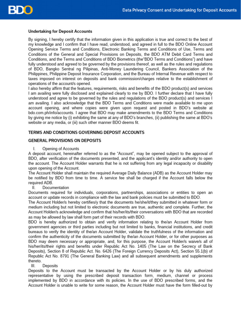 BDO Deposit Account Terms and Conditions | PDF | Debit Card | Banks