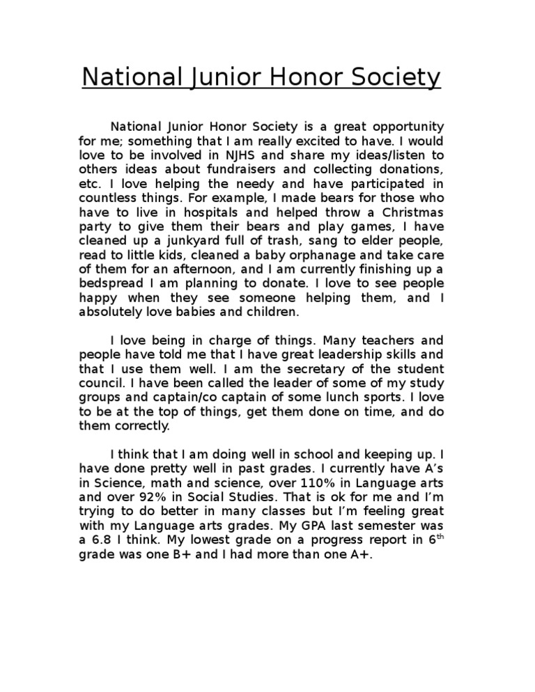National Junior Honor Society Application Essay