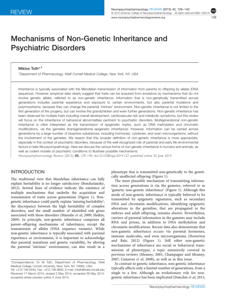 Non-Genetic Inheritance in Psychiatry | PDF | Heredity | Genetics