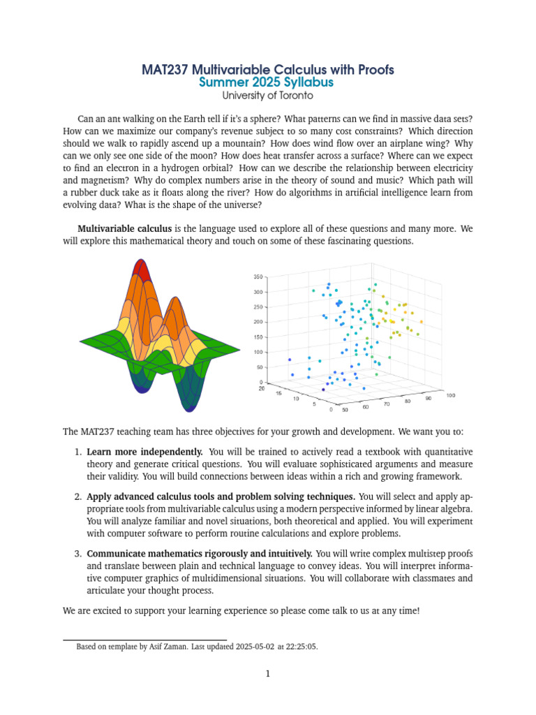 MAT237 Multivariable Calculus Syllabus | PDF | Integral | Calculus