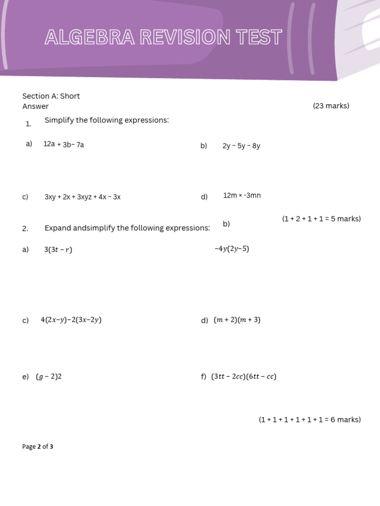 Algebra Revision Test | PDF