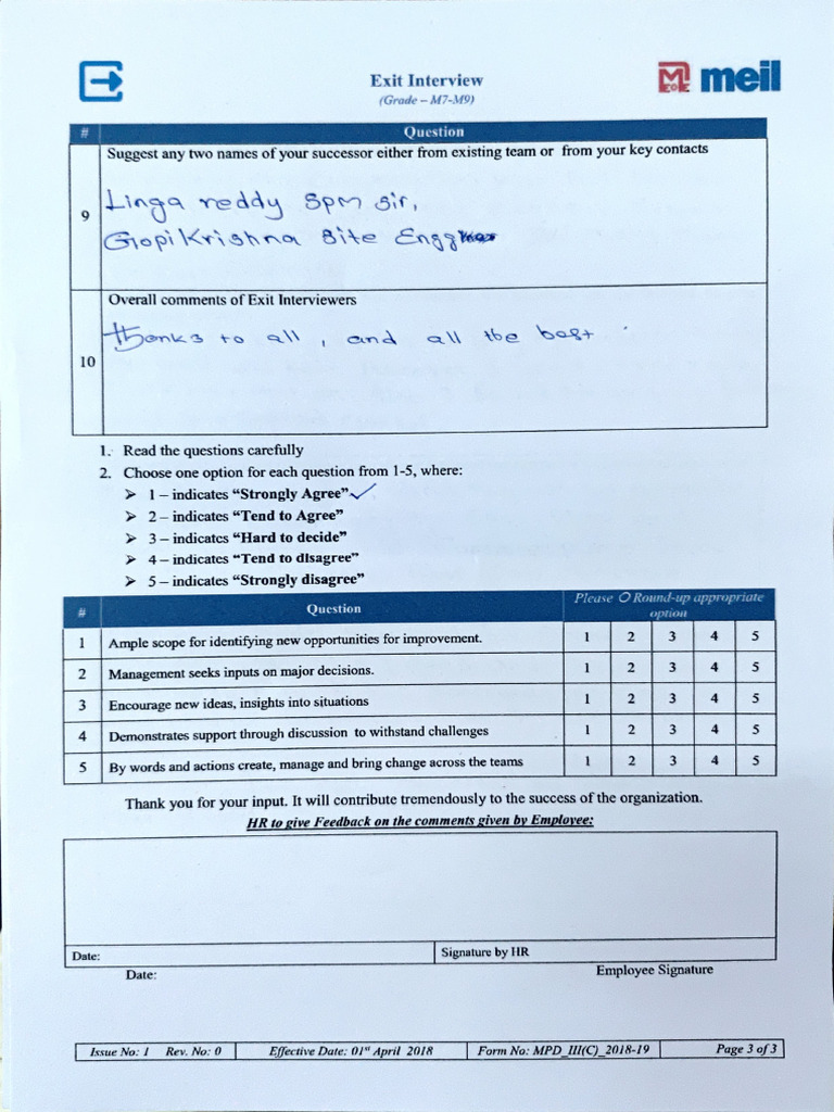 Exit Interview Feedback Form M7-M9 | PDF | Social Psychology | Human ...
