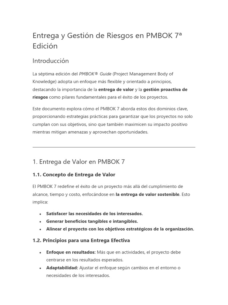 Entrega de Valor y Riesgos en PMBOK 7 | PDF | Gestión estratégica ...
