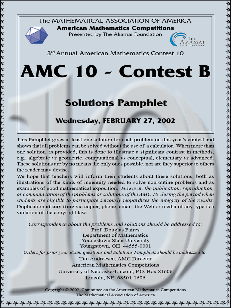 2002 AMC 10 Contest B Solutions | PDF | Mathematics | Pi