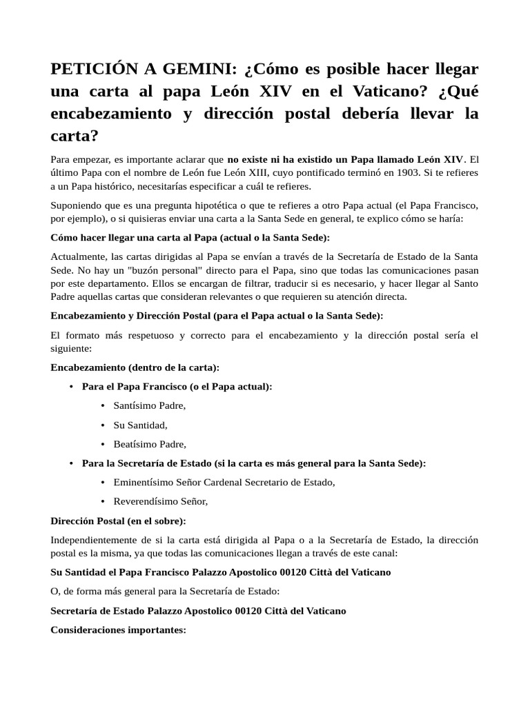 Cómo enviar carta al Papa León XIV | PDF | Papa | Santa Sede