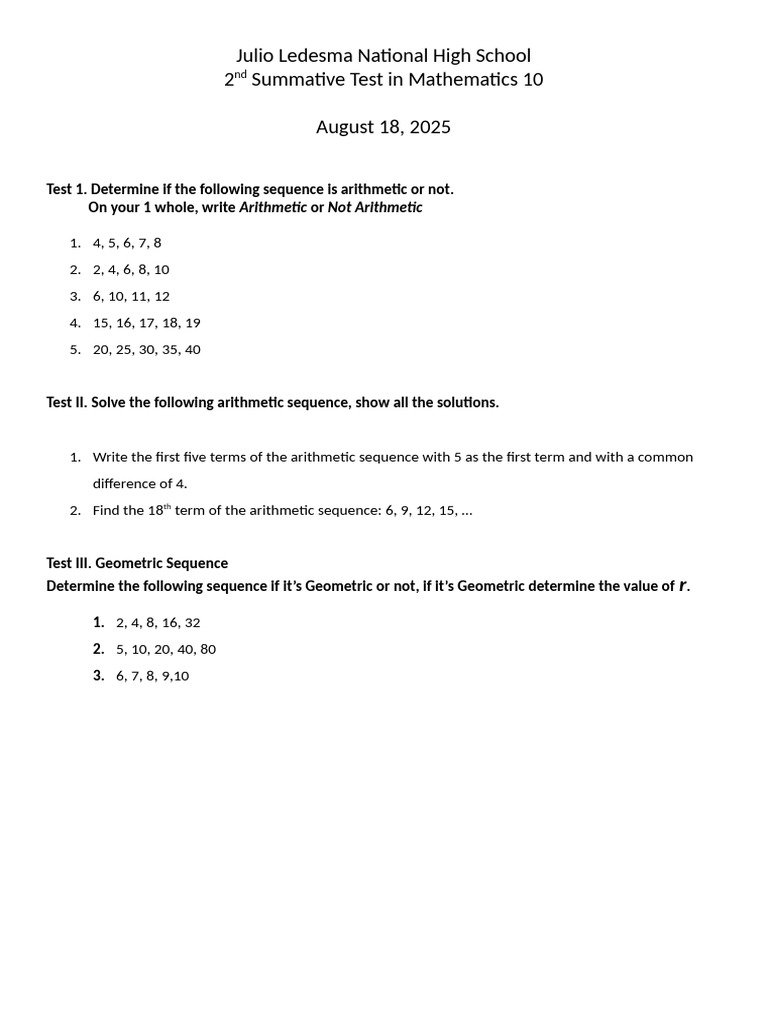 Grade 6 Math Summative Test 2 | PDF