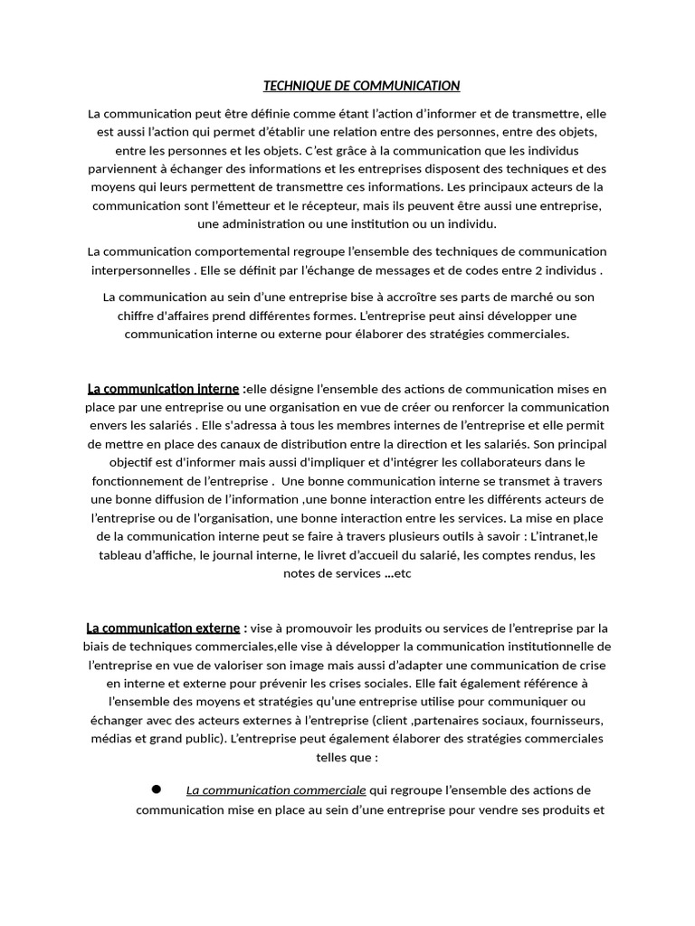 Techniques de communication en entreprise | PDF | Commercialisation ...