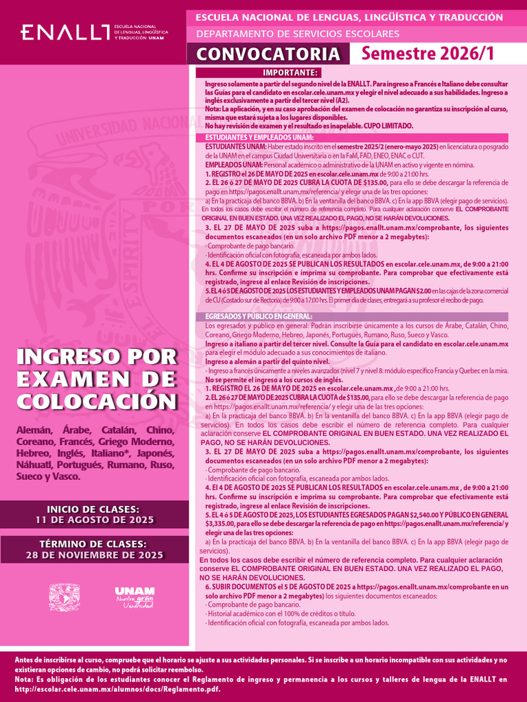 Convocatoria Examen de Colocación ENALLT 2026 | PDF
