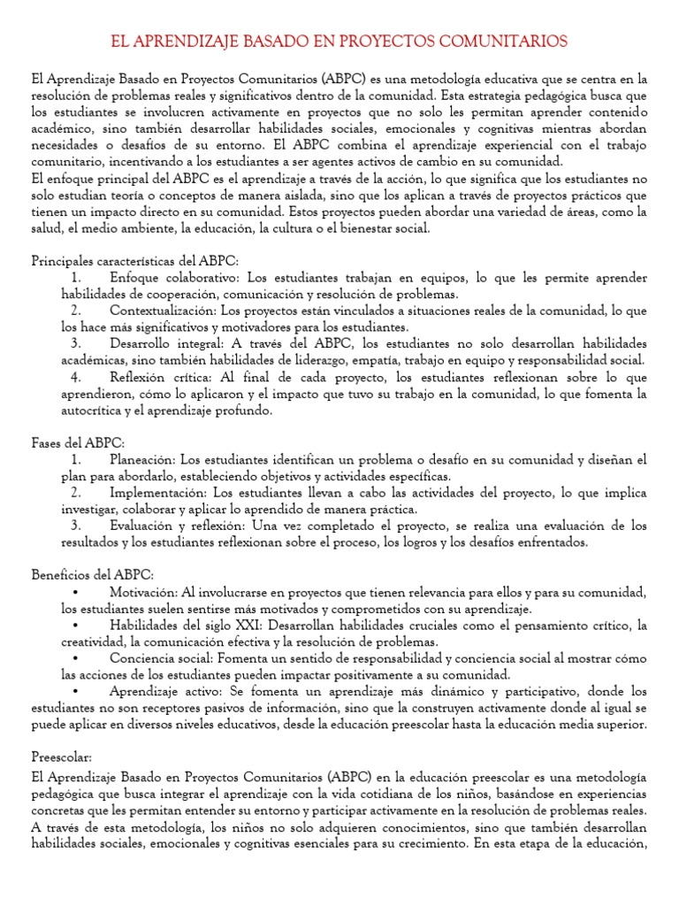Aprendizaje Basado en Proyectos Comunitarios | PDF | Aprendizaje ...