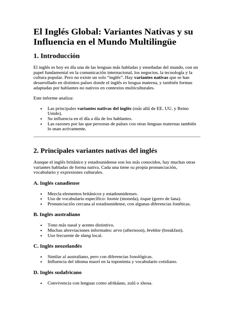 El Inglés Global Variantes Nativas World | PDF | Idioma en Inglés ...
