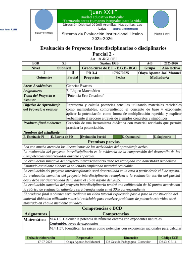 Evaluación de Proyectos Interdisciplinarios o disciplinarios 7mo | PDF ...