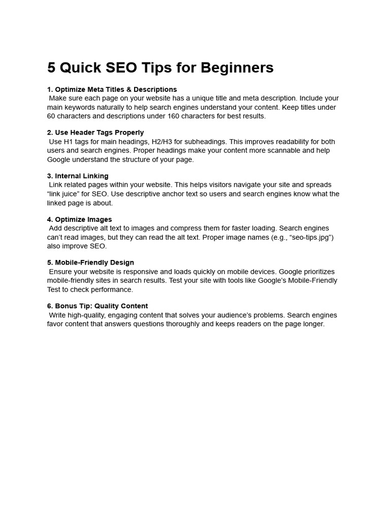5 Quick SEO Tips For Beginners | PDF