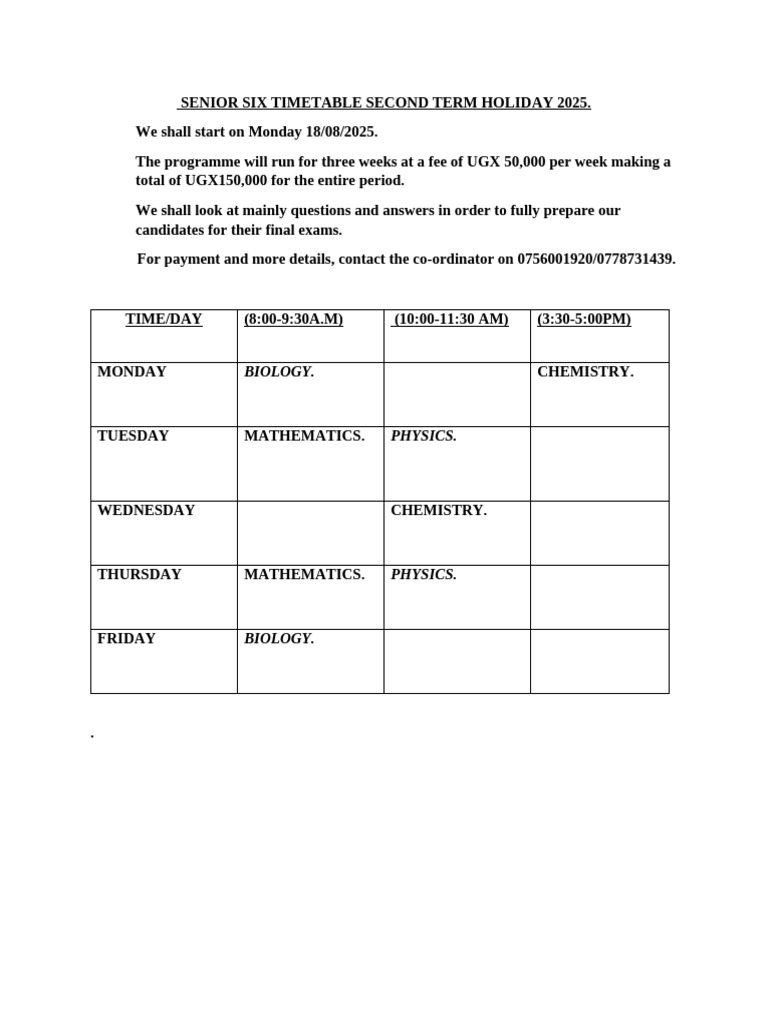 Senior Six Timetable Term 2 2025 | PDF