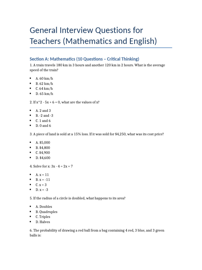 Teacher Interview Questions: Math & English | PDF | Teachers ...