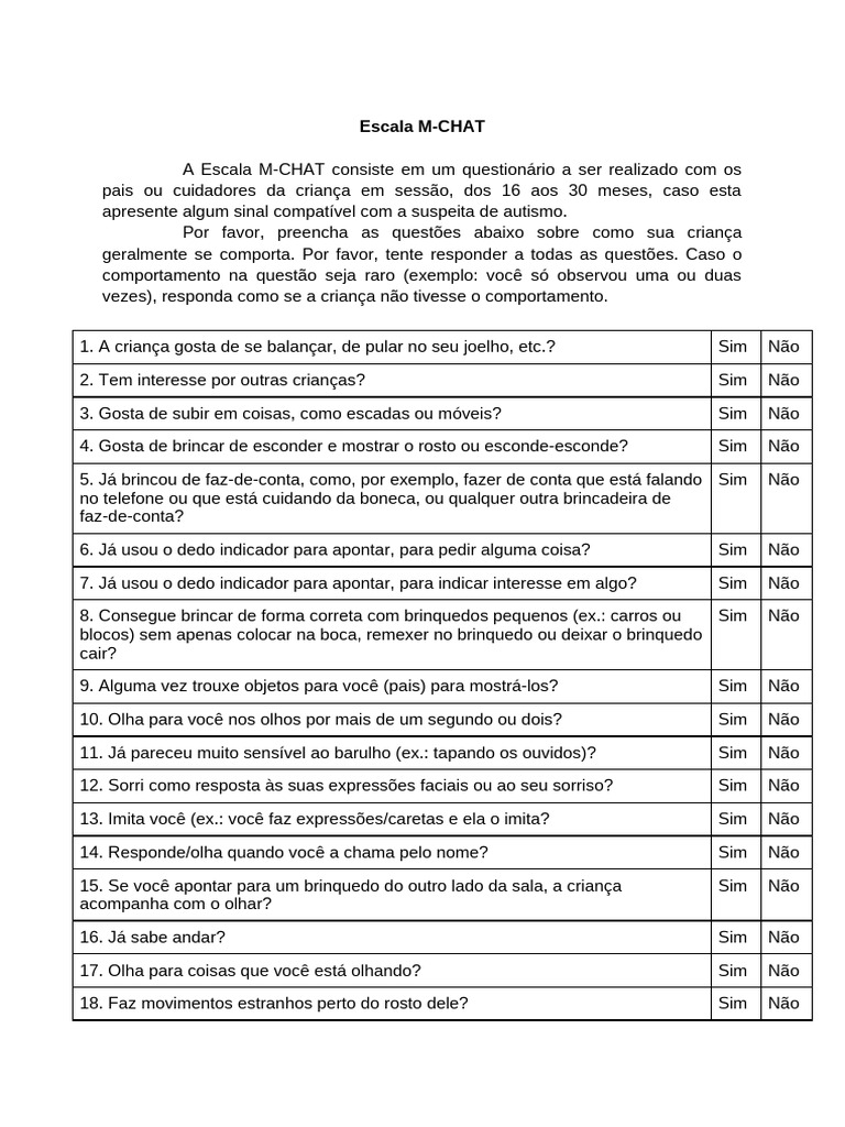 Escala M-CHAT para Avaliação de Autismo | PDF | Brinquedos | Autismo