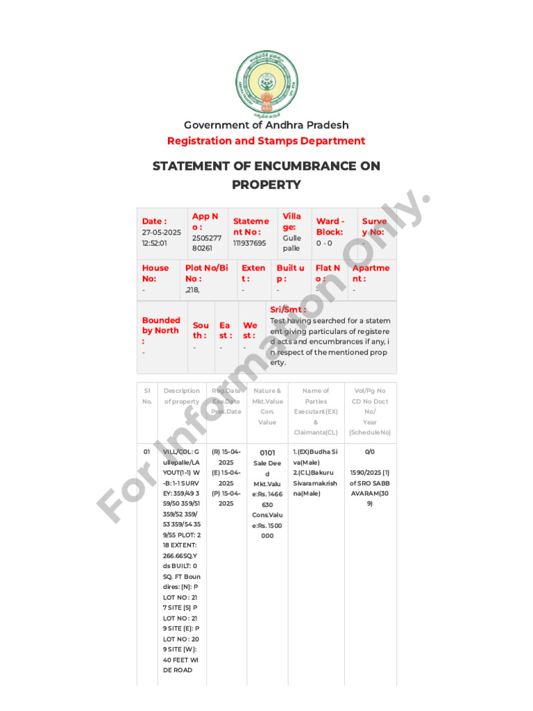 Andhra Pradesh Property Encumbrance Statement | PDF