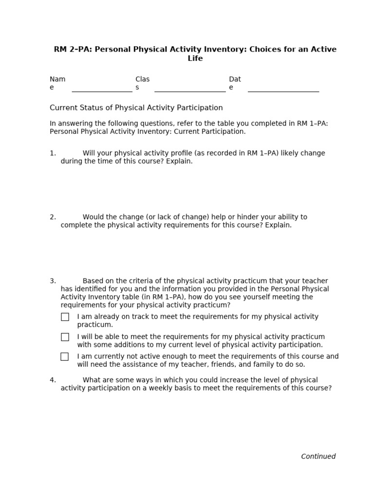 Personal Physical Activity Inventory Guide | PDF