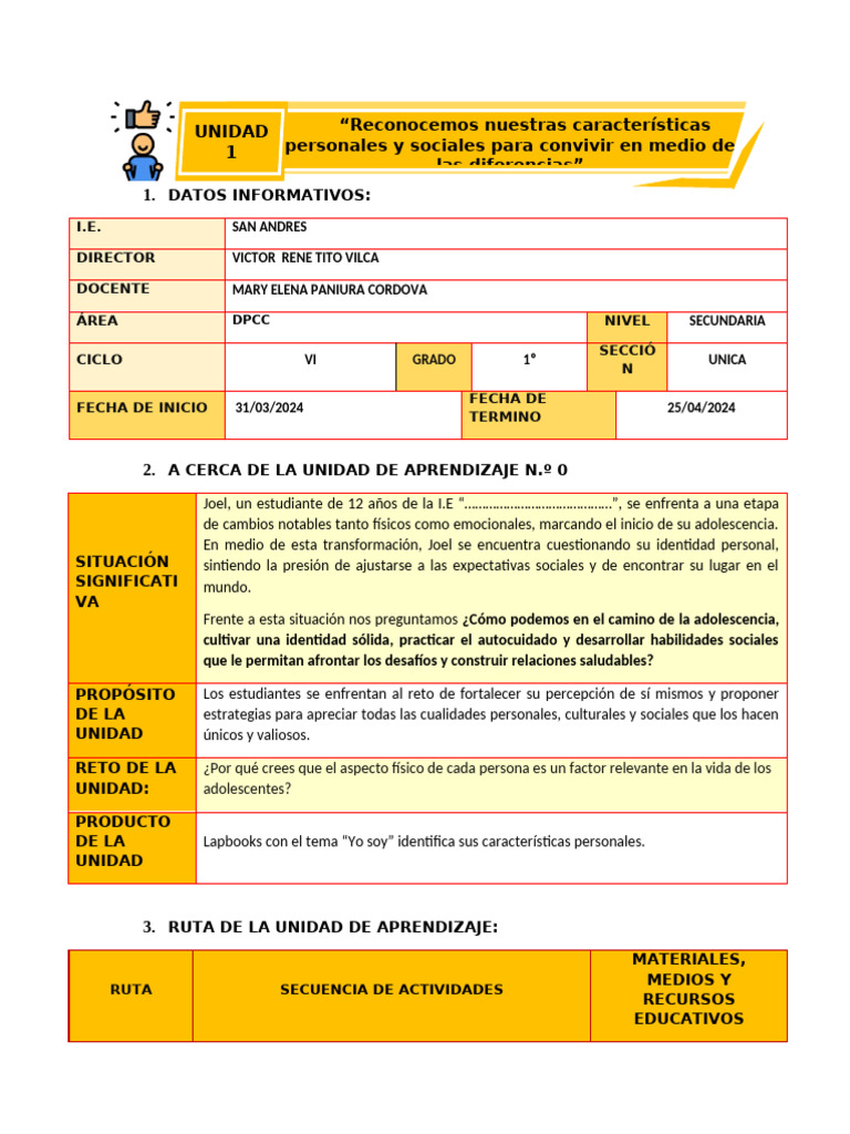 1ra Uda DPCC 1° Mary 2025 | PDF | Aprendizaje | Autoestima