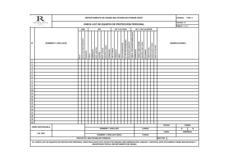 Checklist EPP Parque Rivet SSOMA | PDF
