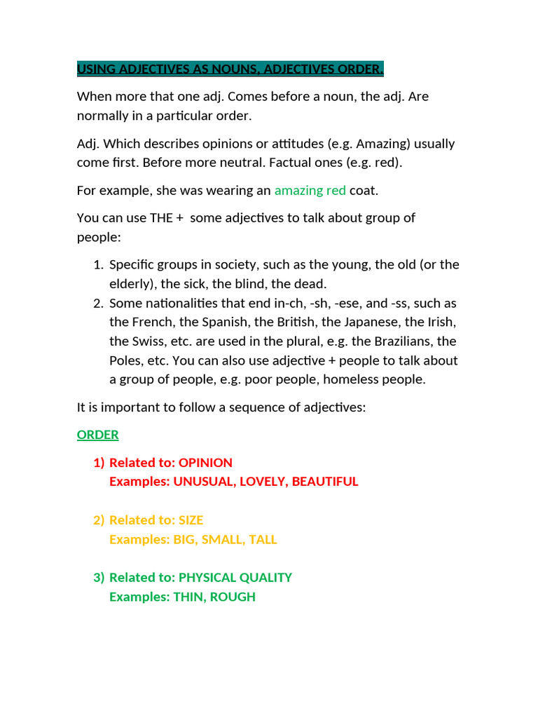 Adjective Order in Noun Usage | PDF