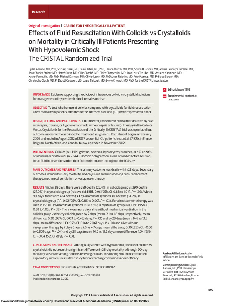 Colloids vs Crystalloids in ICU Shock | PDF | Sepsis | Medical Specialties