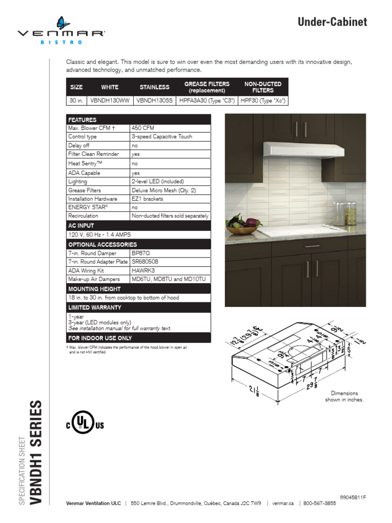 Hotte sous meuble VBNDH1 Venmar | PDF