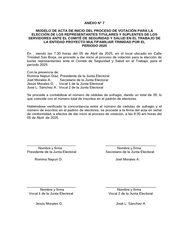 Acta de Inicio de Votación 2025 | PDF