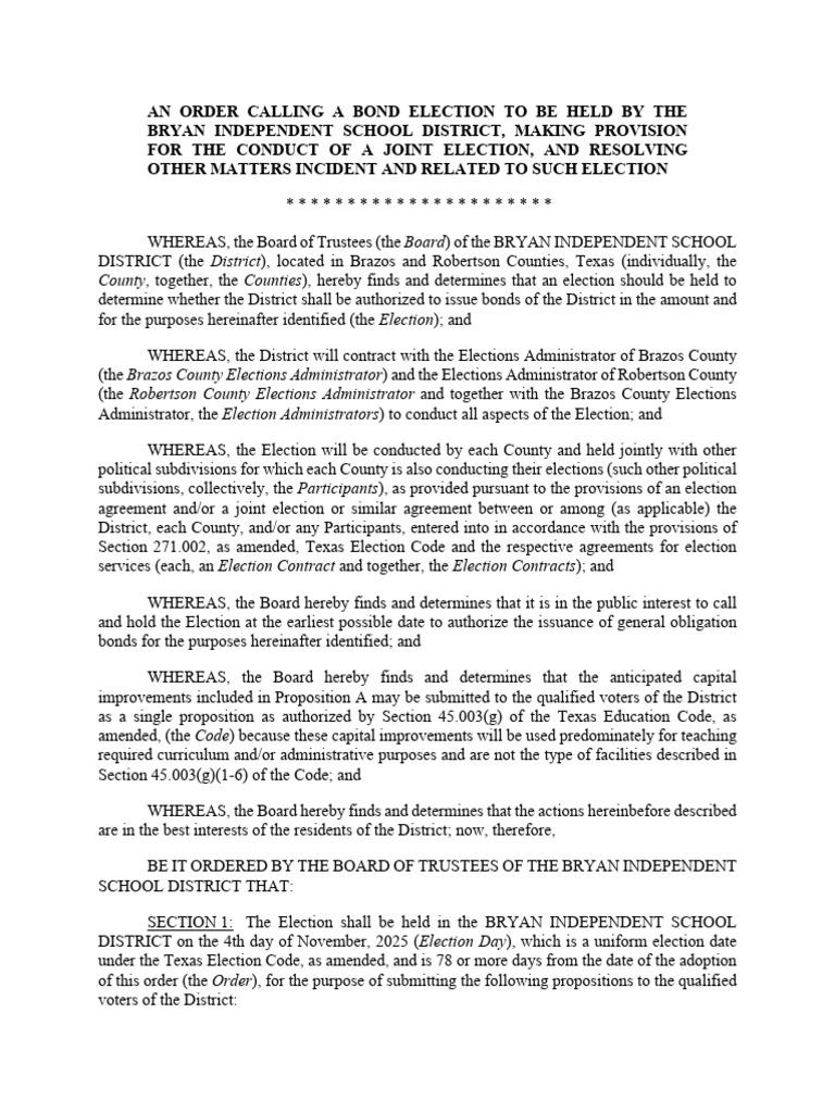 Bryan ISD Bond Election Order 2025 | PDF | Debt | Interest