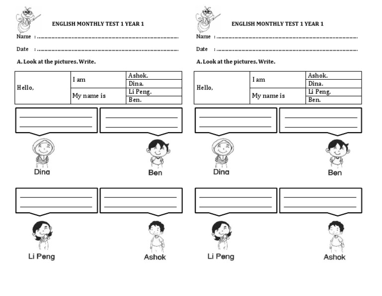 English Monthly Test 1 Year 1 | PDF
