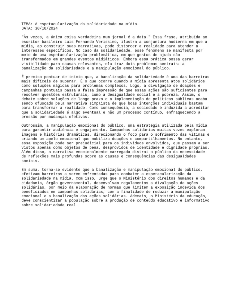 Redação, A Espetacularização Da Solidariedade Na Mídia | PDF ...