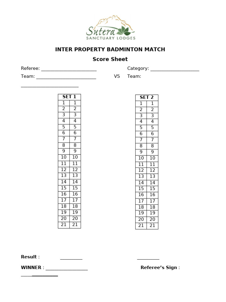 Badminton Match Score Sheet Template | PDF