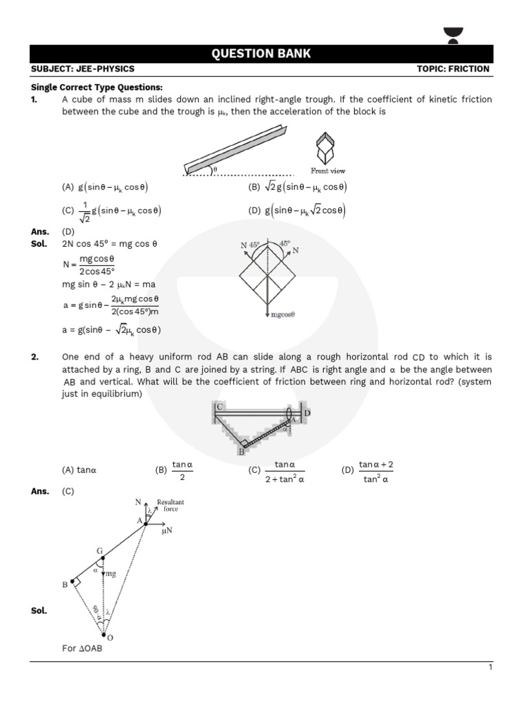 Solution Copy Question Bank Friction 1754504496174 | PDF | Force | Friction