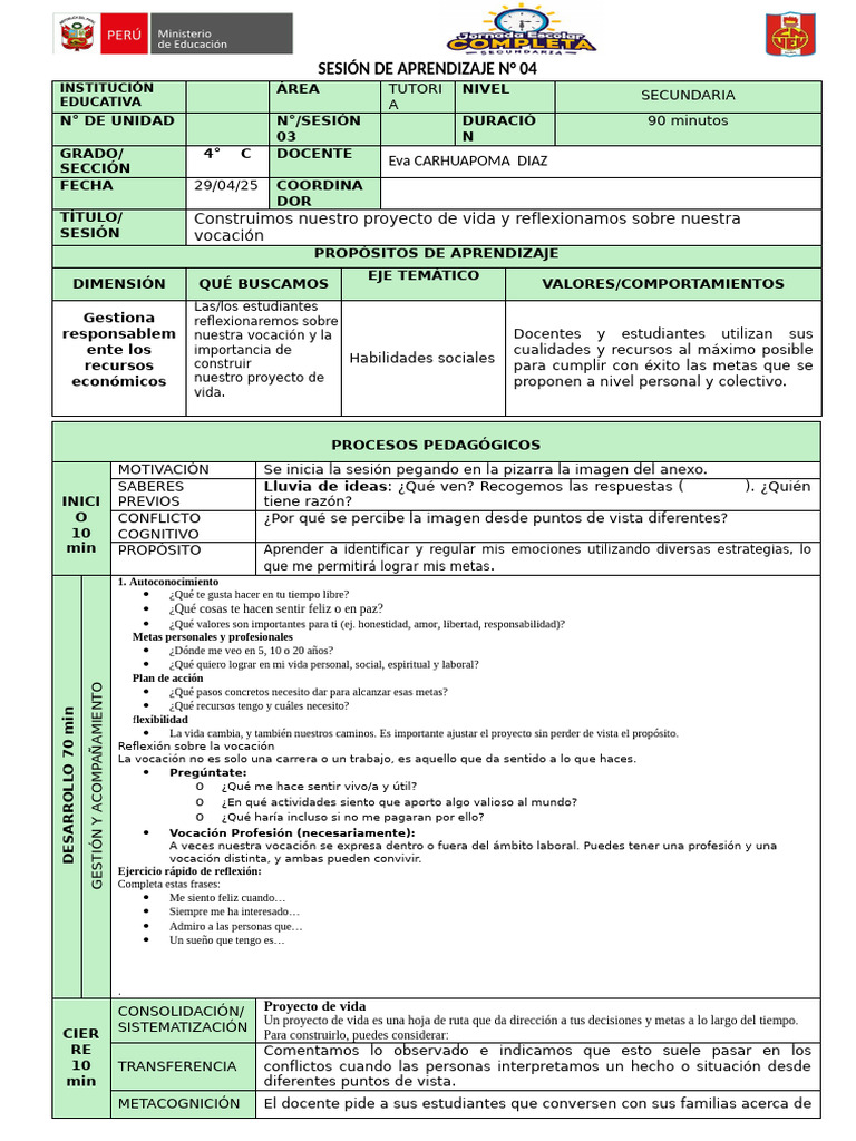 Proyecto de Vida y Vocación en Secundaria | PDF | Aprendizaje ...