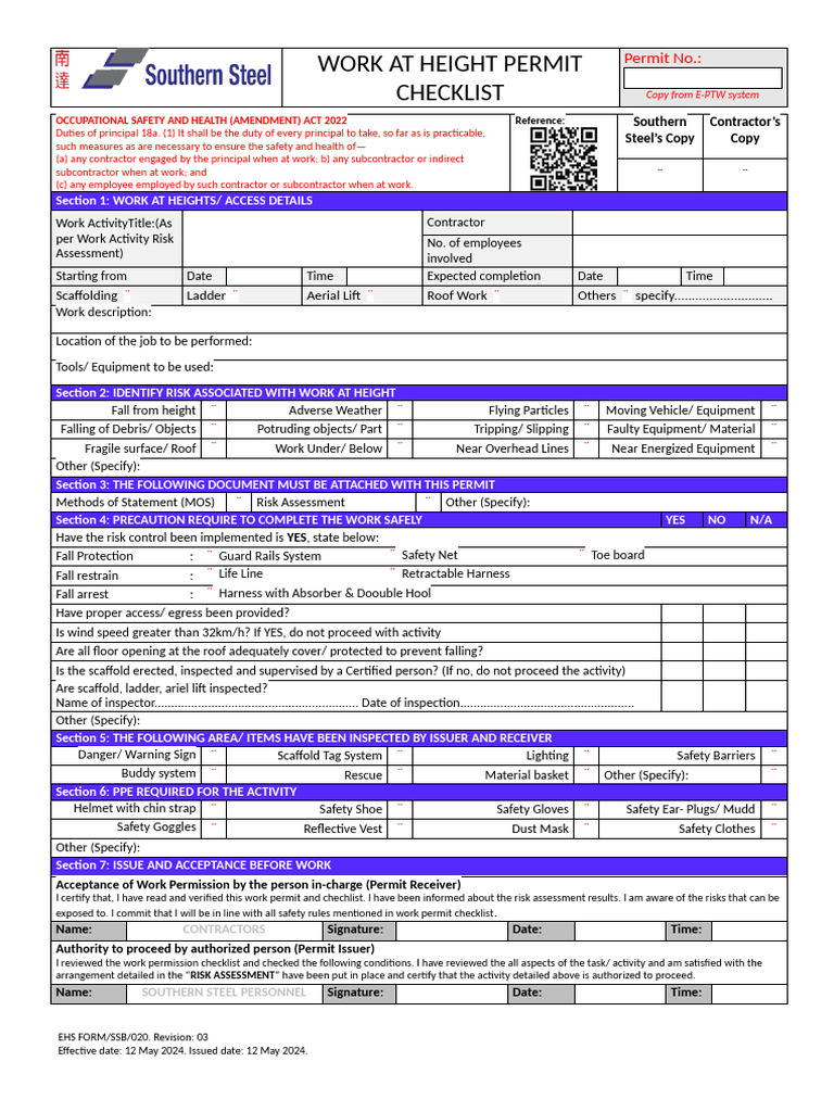 Work at Heights Control Form | PDF | Occupational Safety And Health ...
