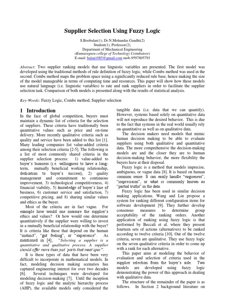 Fuzzy Logic Models for Supplier Selection | PDF | Fuzzy Logic ...