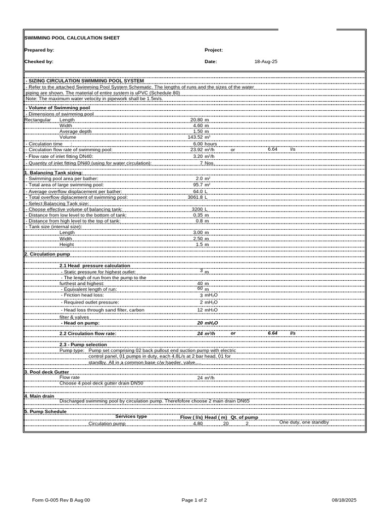 Swimming Pool Design Calculations | PDF | Pump | Swimming Pool