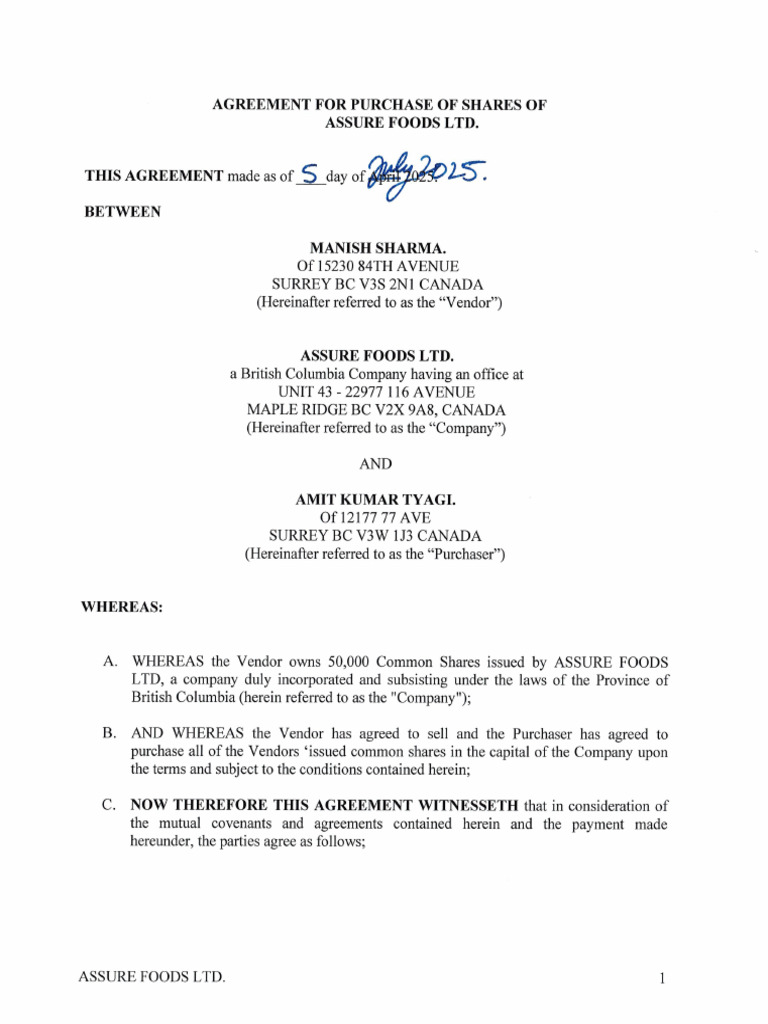 Assure Foods Transfer of Shares | PDF