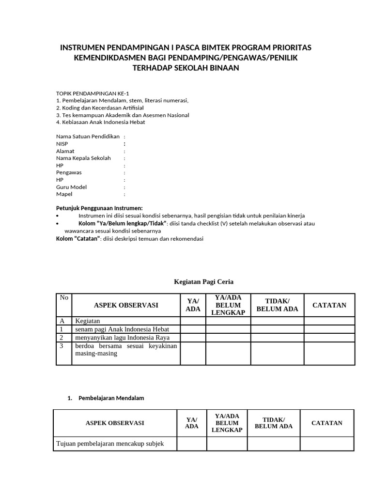 Instrumen Pendampingan Pembelajaran STEM | PDF