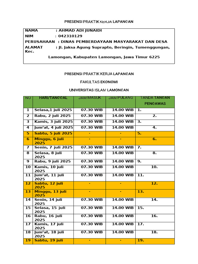 Jadwal PKL Ahmad Adi Junaidi 2025 | PDF