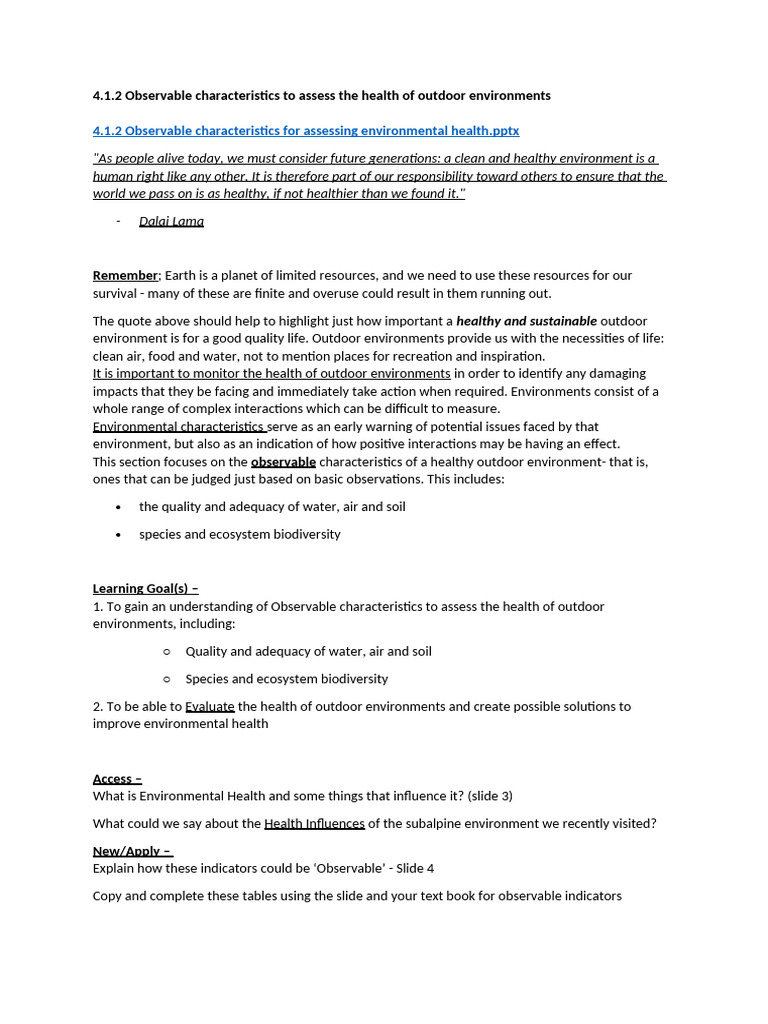 4.1.2 Observable Characteristics For Assessing Environmental Health ...